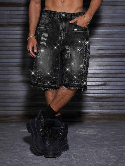 Loose Fit Rhinestone Embellished Metallic Zipper Washed Denim Shorts