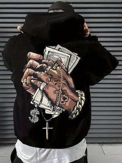 Heavyweight Dollar Sign Print Mens Casual Hoodie