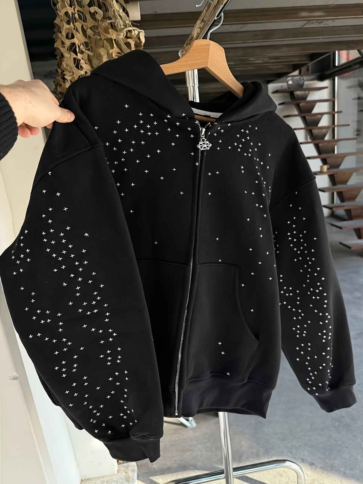 Gothic Y2K Rhinestone Oversized Zip Up Hoodie