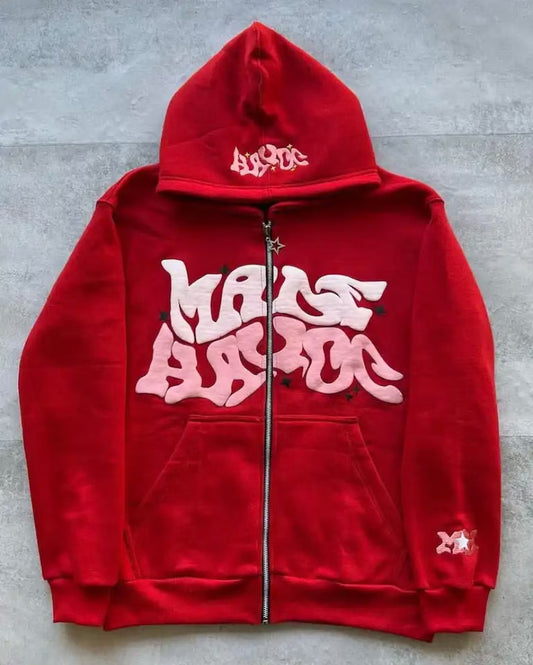 Sudadera con capucha y cremallera estampada de moda