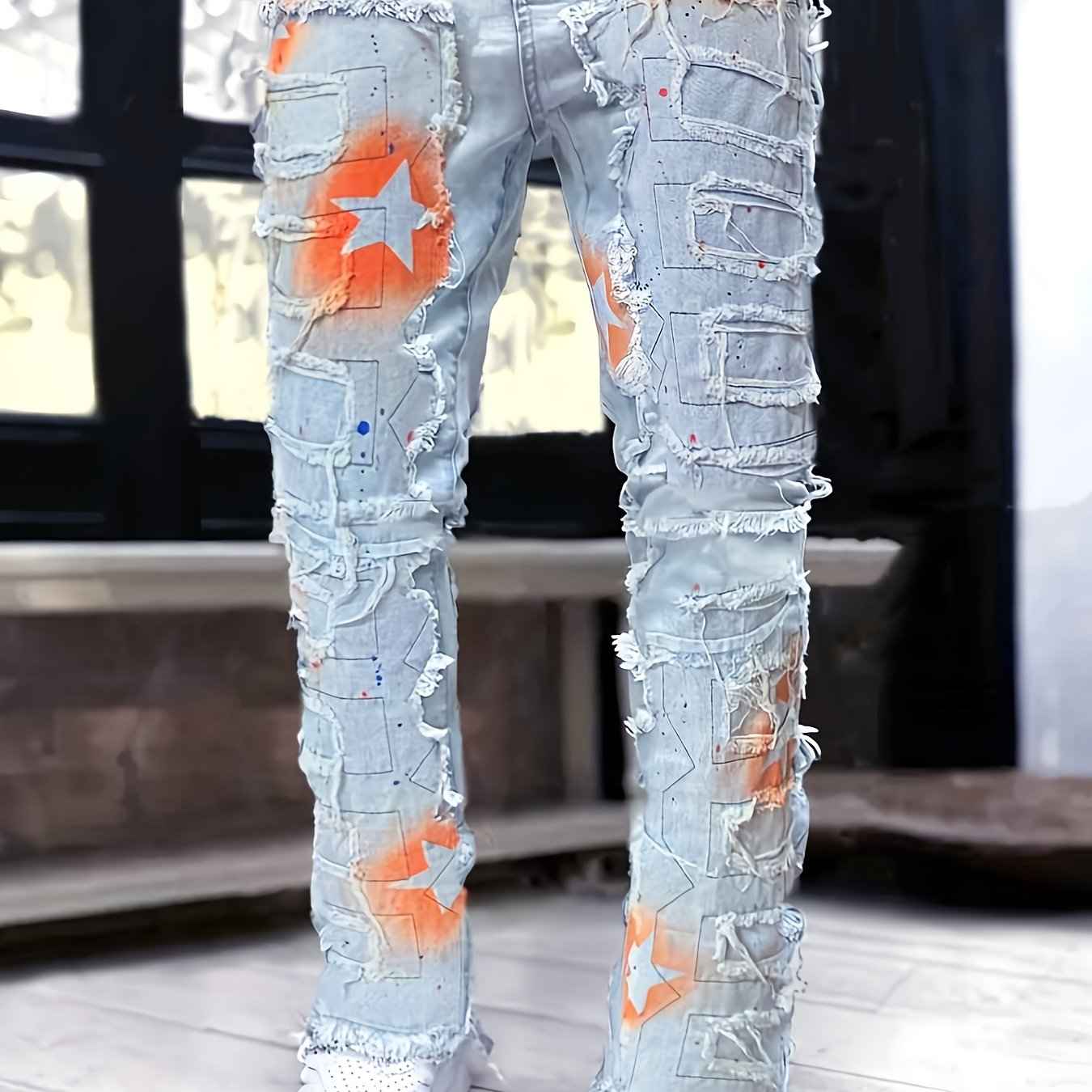 Men's Jeans with a Star Pattern And Layered Tassels