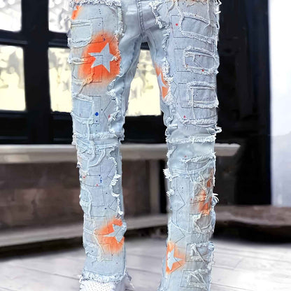 Men's Jeans with a Star Pattern And Layered Tassels