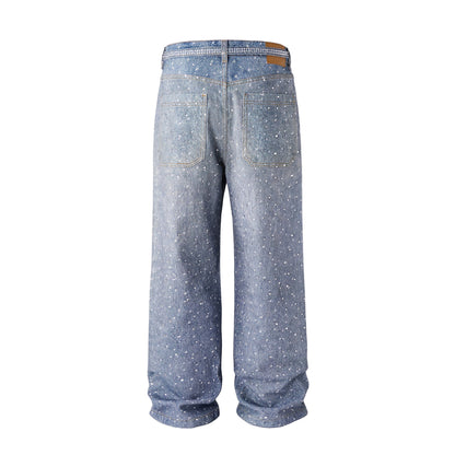 Washed Loose Wide Leg Full Diamond Printed Stacked Jeans