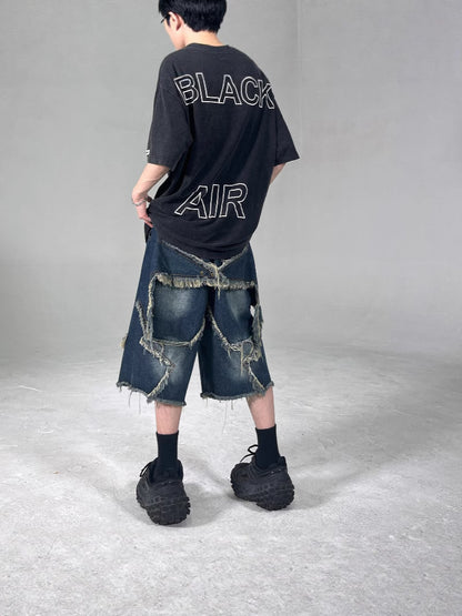 American Retro Frayed Five-pointed Star Denim Shorts