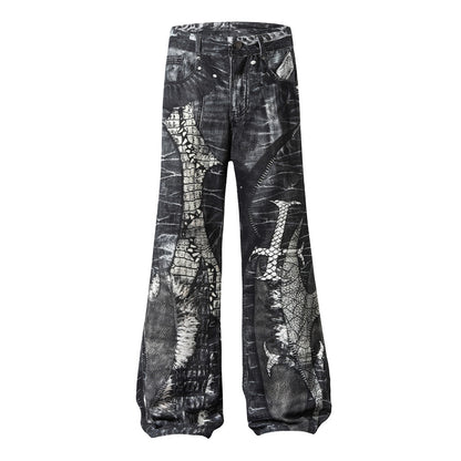 Men's Dark Digital Printing Wash Horn Jeans