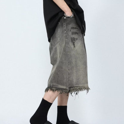 Mid-waist Distressed Zipper Washed Jean Shorts