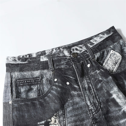 Men's Dark Digital Printing Wash Horn Jeans