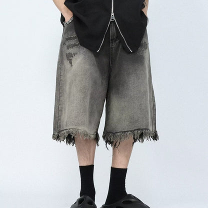 Mid-waist Distressed Zipper Washed Jean Shorts