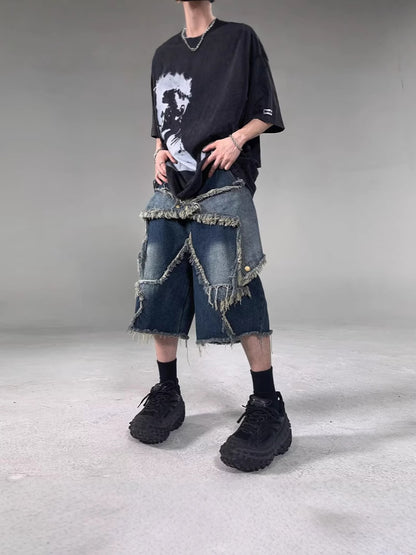 American Retro Frayed Five-pointed Star Denim Shorts
