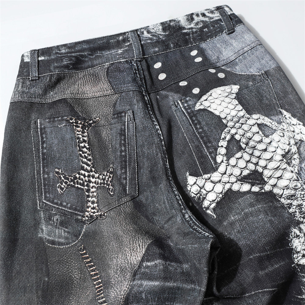 Men's Dark Digital Printing Wash Horn Jeans