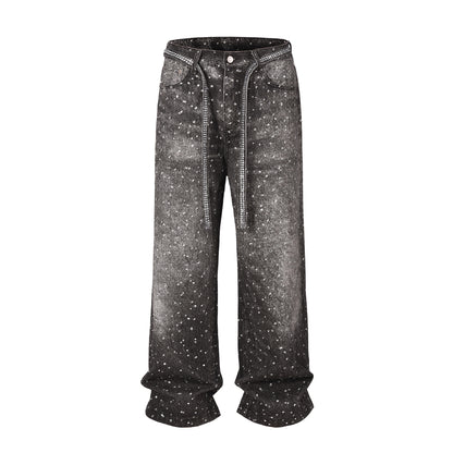 Washed Loose Wide Leg Full Diamond Printed Stacked Jeans