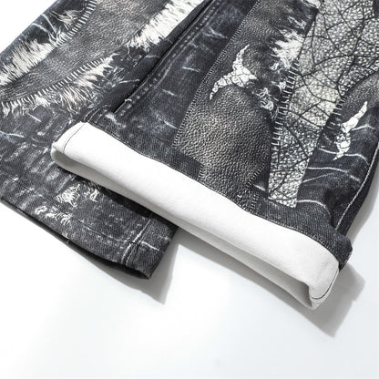 Men's Dark Digital Printing Wash Horn Jeans