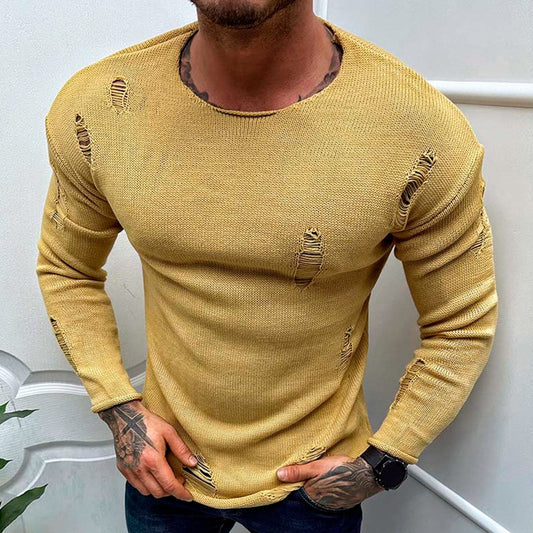 New Ripped Round Neck Long Sleeve Thin Sweater