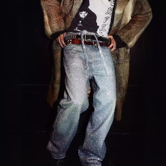 Washed Loose Wide Leg Full Diamond Printed Stacked Jeans