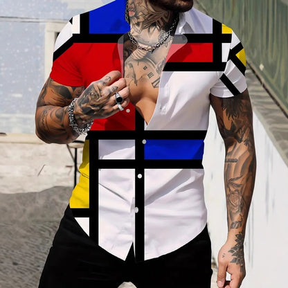 Geometric Design Lapel Short Sleeve Shirt