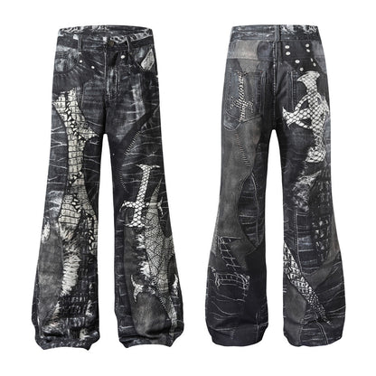 Men's Dark Digital Printing Wash Horn Jeans
