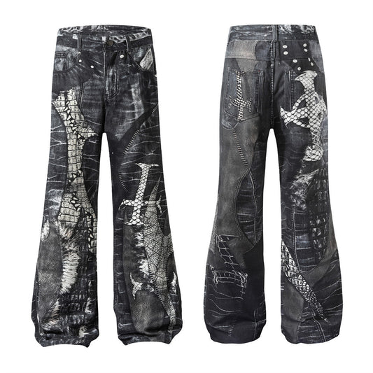 Men's Dark Digital Printing Wash Horn Jeans
