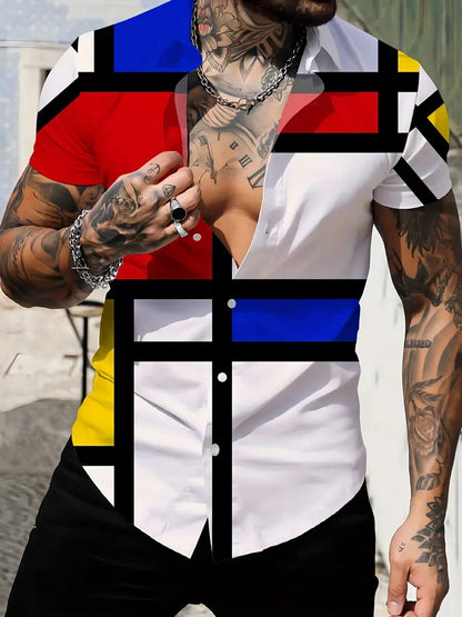 Geometric Design Lapel Short Sleeve Shirt