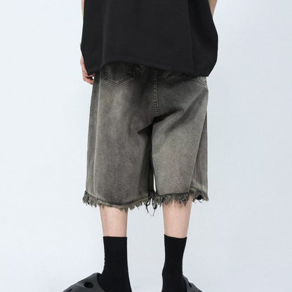 Mid-waist Distressed Zipper Washed Jean Shorts