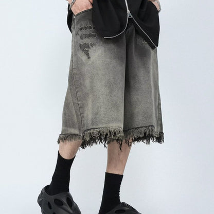 Mid-waist Distressed Zipper Washed Jean Shorts