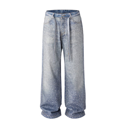 Washed Loose Wide Leg Full Diamond Printed Stacked Jeans