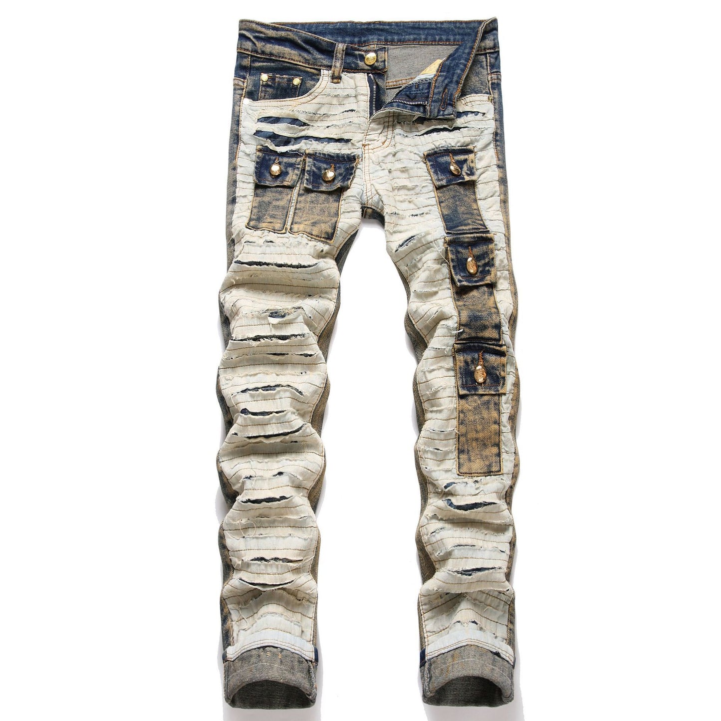 Spliced Cut-off Multi-pocket Trendy Mid-rise Jeans