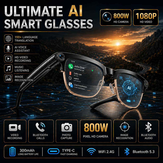 AI Smart Camera Glasses, 1080P Video Recording Glasses with Photo Capture, Bluetooth Calls, Music Playback, Voice Assistant