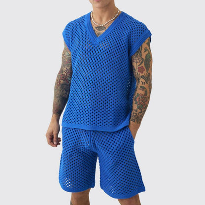 Men's V-neck Knitted Vest Shorts Set