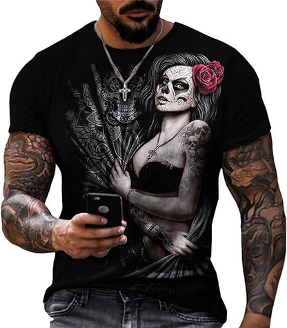 Printed Men's Short Sleeve Skull Head Round Neck T-shirt