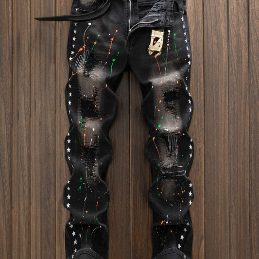 Splashed Ink Star Hole Print Casual Street Style Jeans