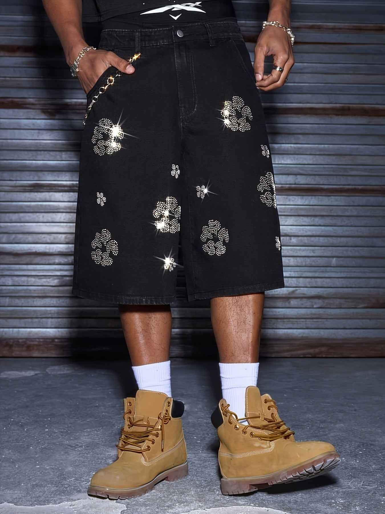 Printed Men's Black Denim Cool Shorts