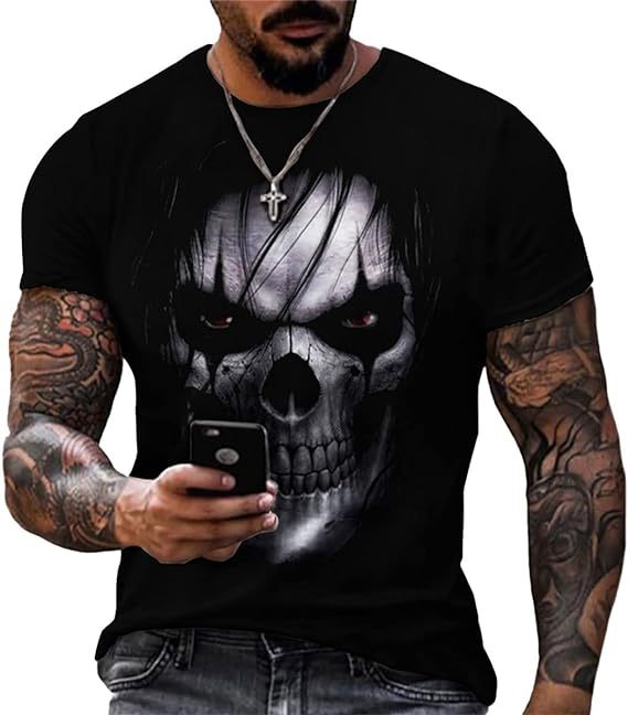 Printed Men's Short Sleeve Skull Head Round Neck T-shirt