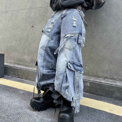 Multi-pocket Ripped Industry Design Straight Jeans