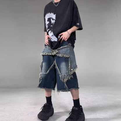 American Retro Frayed Five-pointed Star Denim Shorts