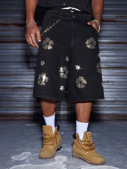 Printed Men's Black Denim Cool Shorts