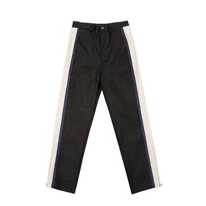 Men's Striped Leather Loose And Straight Pants