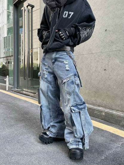 Multi-pocket Ripped Industry Design Straight Jeans