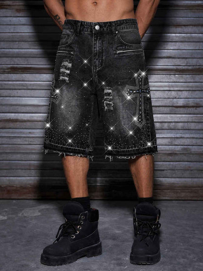 Loose Fit Rhinestone Embellished Metallic Zipper Washed Denim Shorts