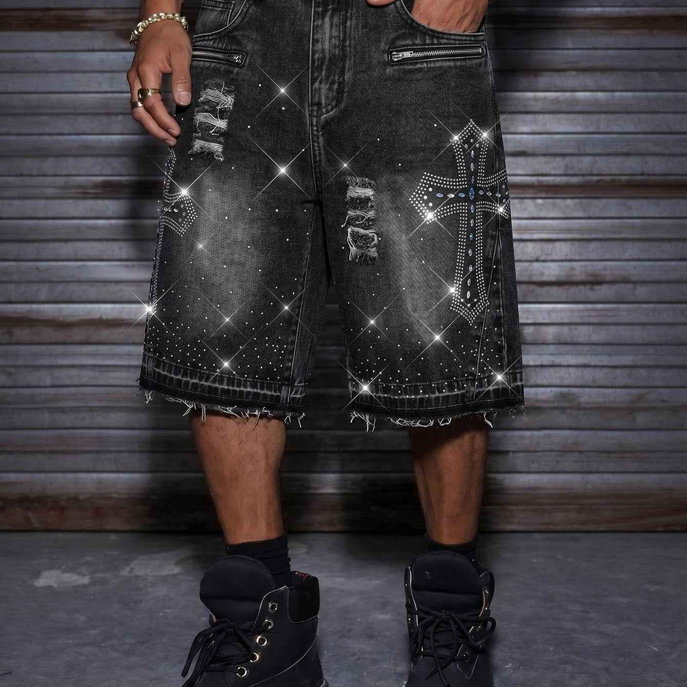 Loose Fit Rhinestone Embellished Metallic Zipper Washed Denim Shorts