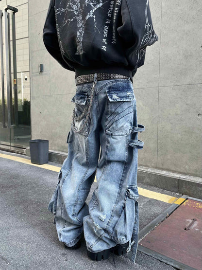 Multi-pocket Ripped Industry Design Straight Jeans