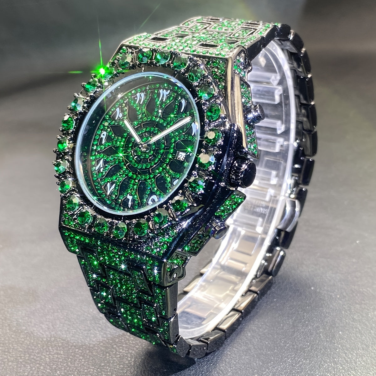 Bold HipHop Big Face Green Gemstone Glow Watch