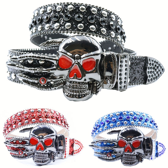 Mens Skull  Sequins PU Leather Western Belt