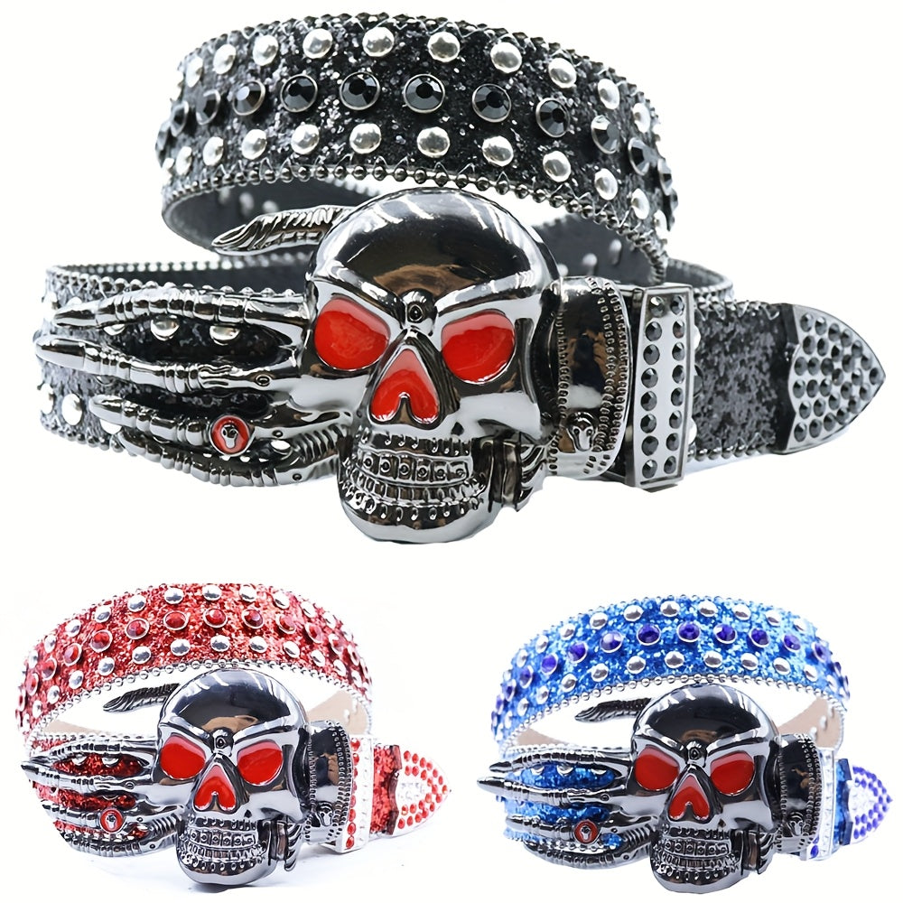 Mens Skull  Sequins PU Leather Western Belt