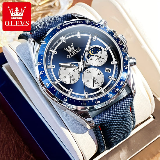 OLEVS Mens Blue Leather Chronograph Moon Phase Luxury Watch